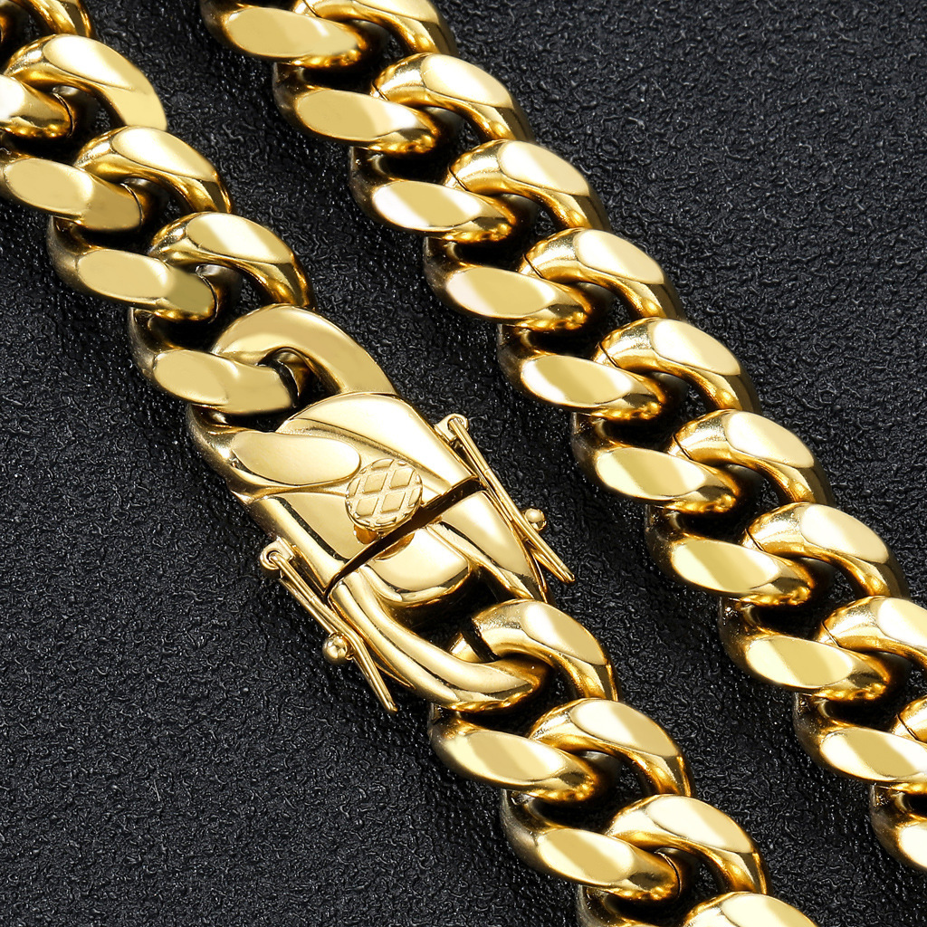 8MM Gold Plated Stainless Steel Collier Set Men's Hip Hop Style Link Chain Necklace Spring Buckle Cuban Ground Encrypted Link