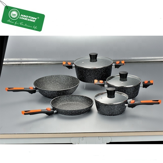 Stone marble nonstick coating aluminum forged cookware set with detachable handle