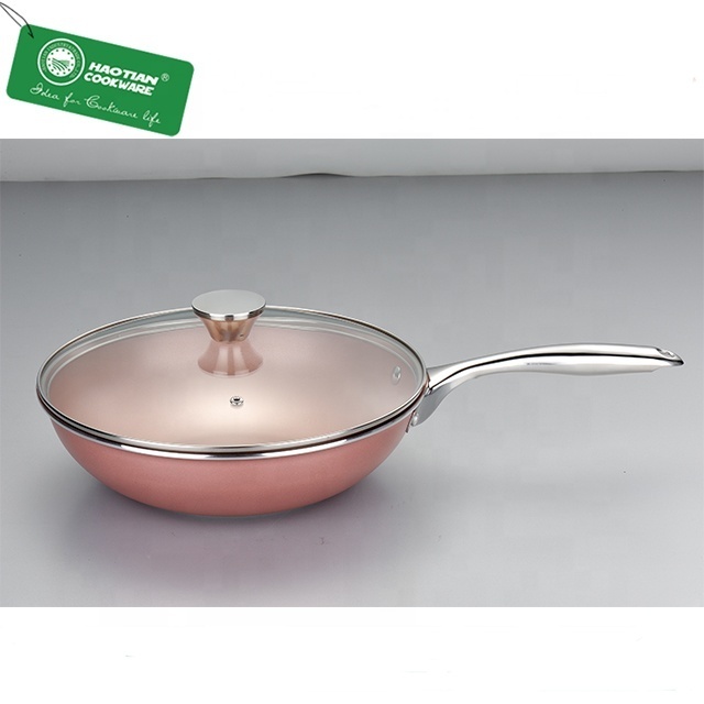 Aluminium kitchen non stick wok pans induction cooker with stainless steel Handle pink non stick wok pan