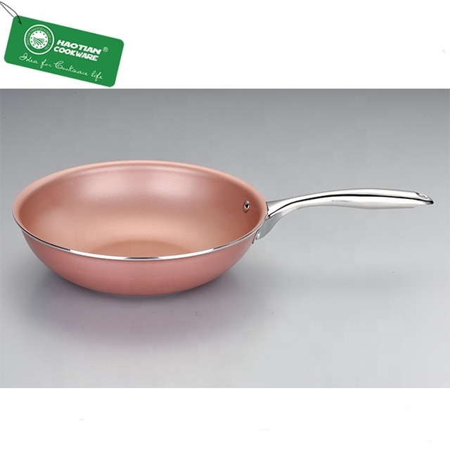 Aluminium kitchen non stick wok pans induction cooker with stainless steel Handle pink non stick wok pan