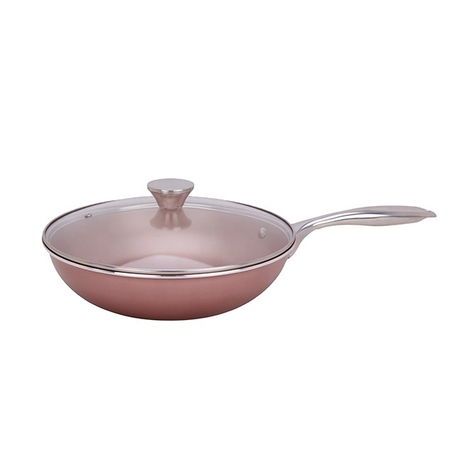 Aluminium kitchen non stick wok pans induction cooker with stainless steel Handle pink non stick wok pan