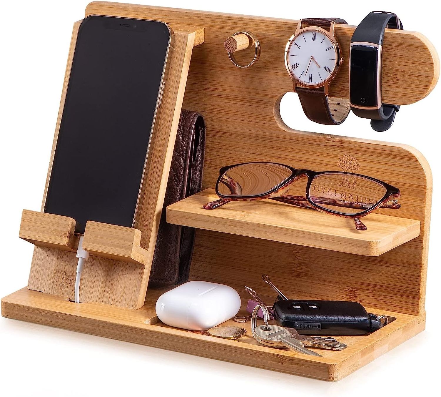 Gift Valet Tray for Men Wood Phone Docking Station Wallet Stand Wooden Nightstand Organizer Key Holder