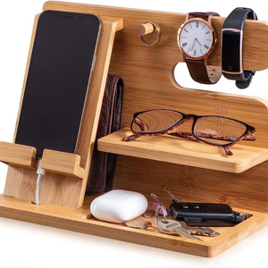 Gift Valet Tray for Men Wood Phone Docking Station Wallet Stand Wooden Nightstand Organizer Key Holder