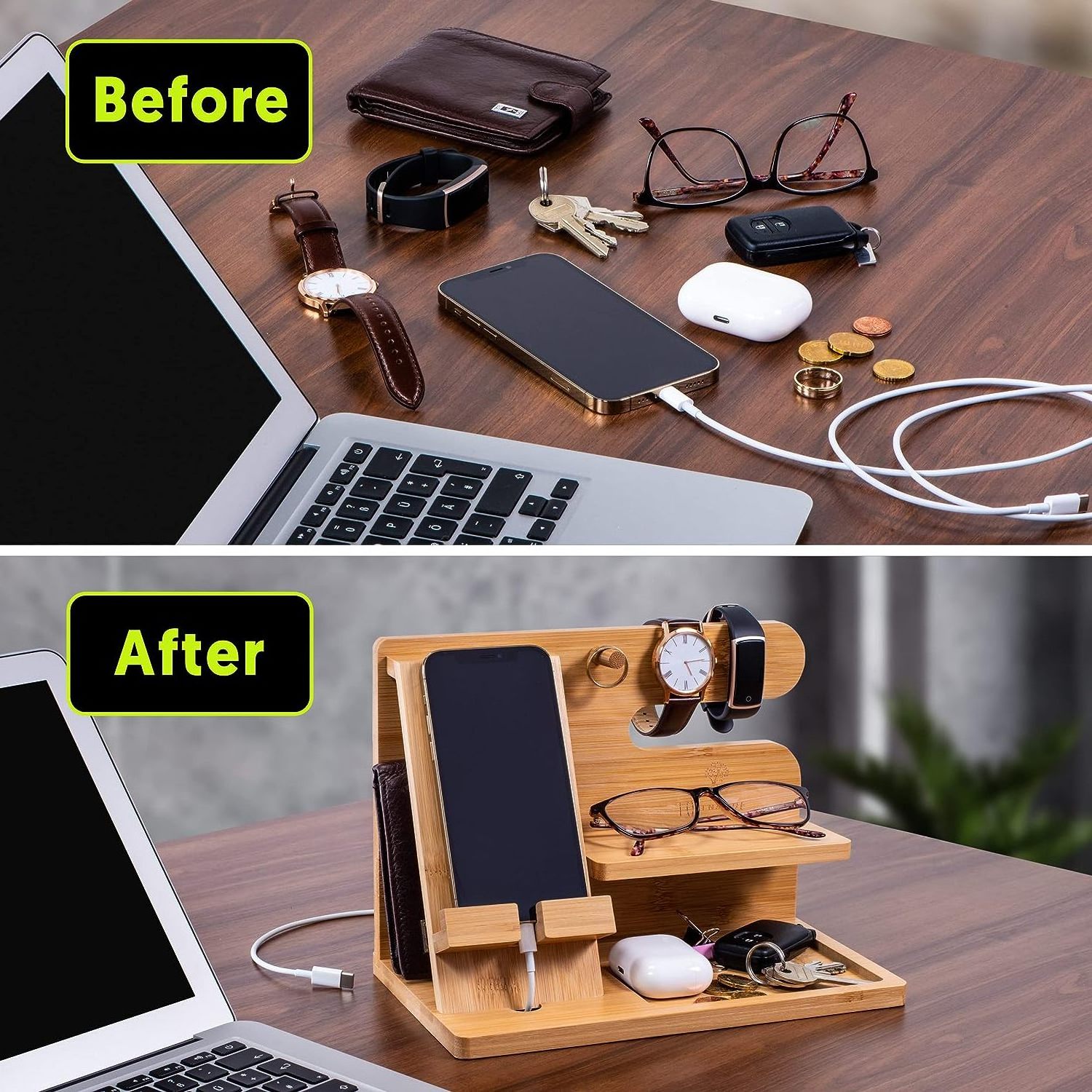 Gift Valet Tray for Men Wood Phone Docking Station Wallet Stand Wooden Nightstand Organizer Key Holder