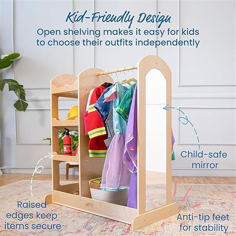 202405Kids Dress Up Center with Mirror Toddlers Wooden Wardrobe Closet Cubby for Little Girls