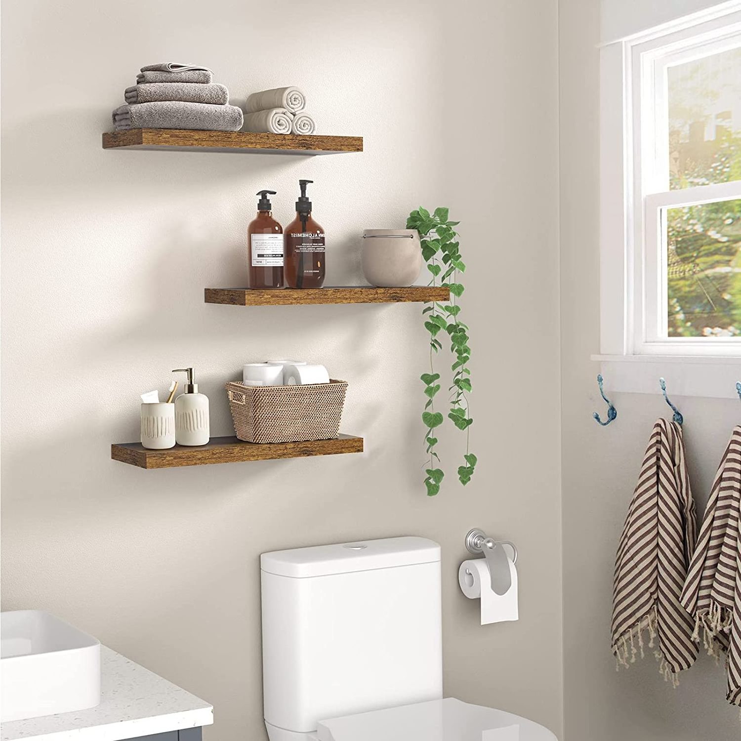 Floating Shelves Wall Mounted Shelf For Bathroom Bedroom Farmhouse Decor with Brackets Set of 3, Rustic Brown