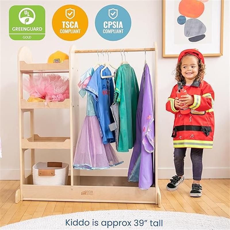 202405Kids Dress Up Center with Mirror Toddlers Wooden Wardrobe Closet Cubby for Little Girls