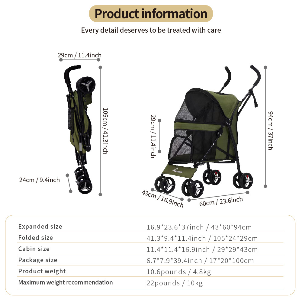 Stroller Lightweight Compact Portable Jogger Umbrella Travel Pet Stroller for Small Dogs and Cats Under 22LBS