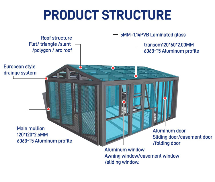 Balcony Free Standing Winter Garden Aluminum Frame Slant Roof Sunroom Outdoor Conservatory Solarium Glass House Sun Room