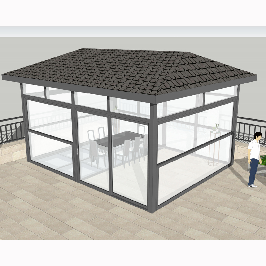 3D Model Design villa Roof Glass Sunroom Sun Room Aluminum Glass Conservatory Winter Garden Free Standing Sunroom Glass Houses