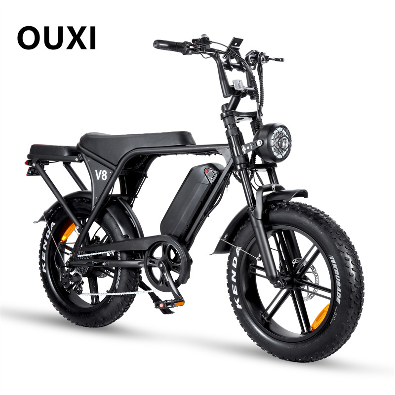 48V Fat Tyres Electric Bike OUXI V8 7 Speed Integrated 15ah Lithium Battery Disc Brake Steel Frame Fat Bike  for Adults