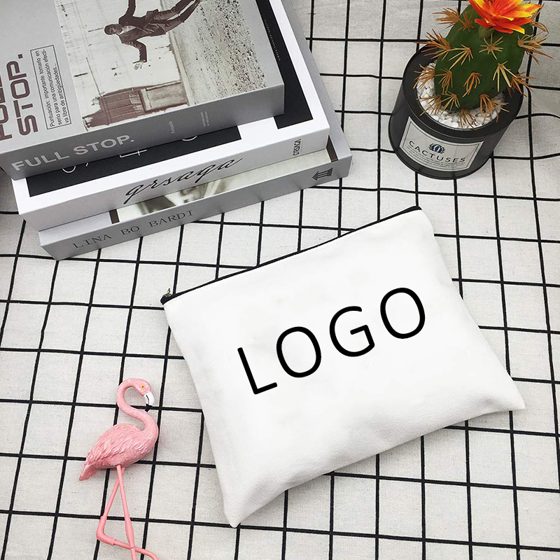 Gifts Custom Logo Printed Canvas Zipper White Makeup Bag Luxury Cotton Small Canvas Make up Bag Travel Cosmetic Bag Pencil Pouch