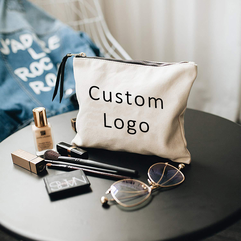 Gifts Custom Logo Printed Canvas Zipper White Makeup Bag Luxury Cotton Small Canvas Make up Bag Travel Cosmetic Bag Pencil Pouch