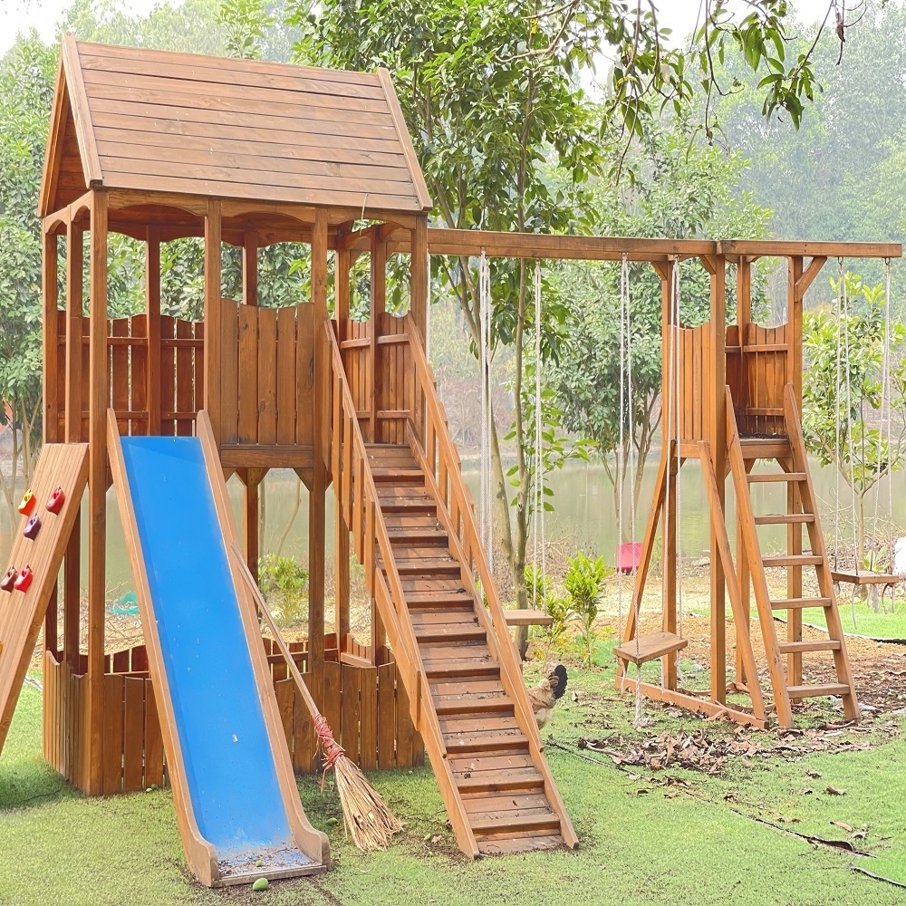 Backyard Garden Wood Playhouses for Kid Outdoor Children Play Houses with Ladder and swing