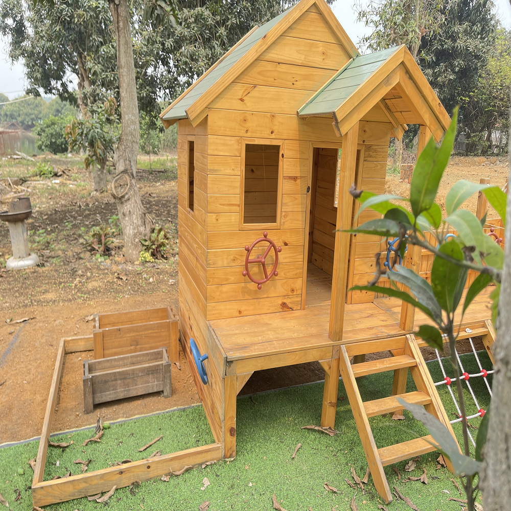 Children Playhouses Garden Wood House Children Outdoor Wooden Kids Playhouses With Slide and Swing