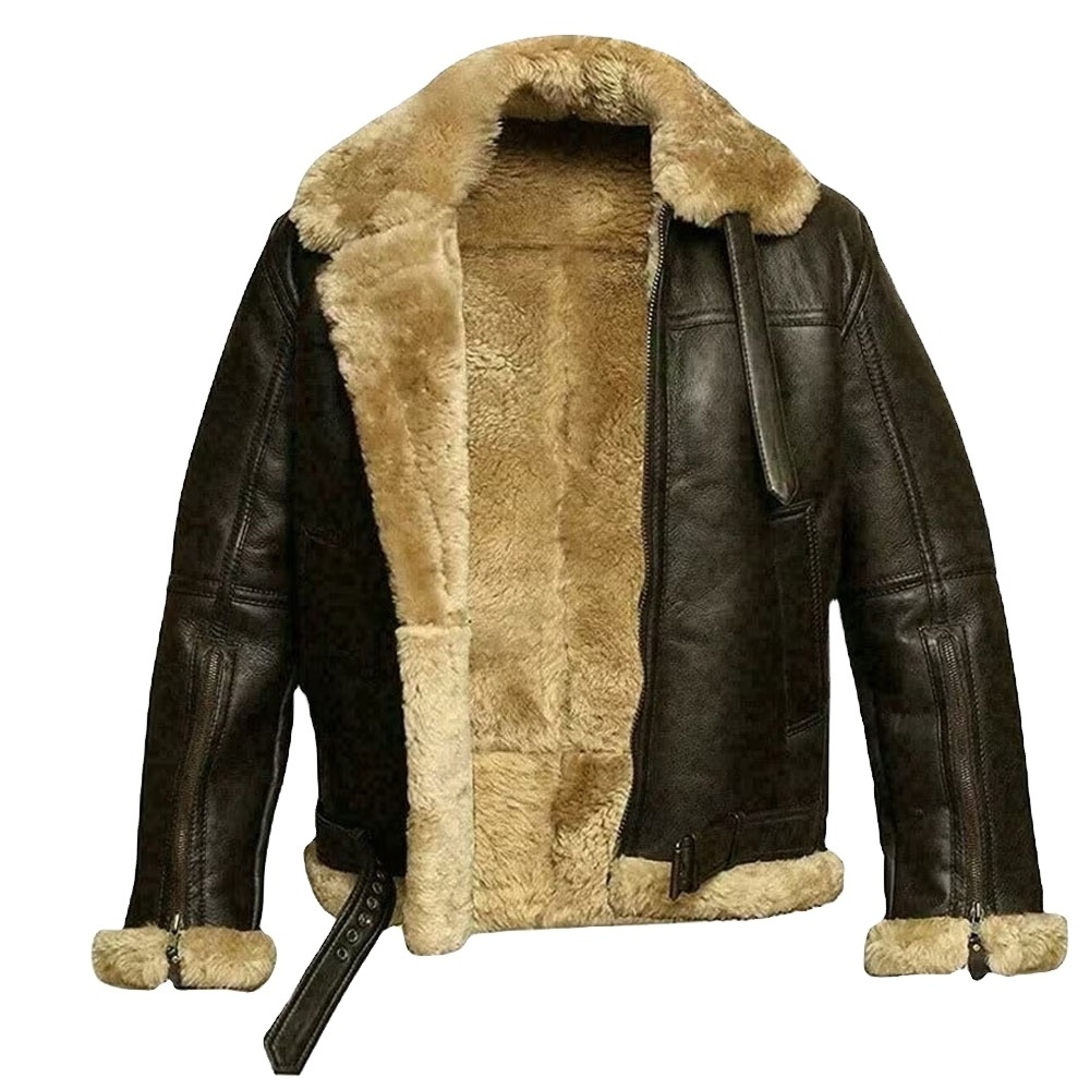 Factory Wholesale Price Top Quality Bomber Flying Pilot Shearling Aviator Fur Coat Handmade Mens Brown Fur Jacket