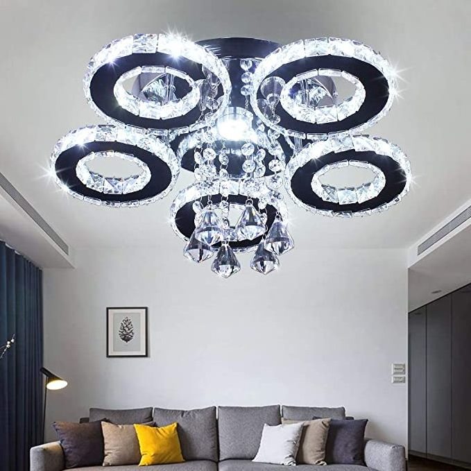 Ceiling Light Flush Mount 5 Rings Stainless Steel Pendant Lamp Modern Chandelier Ligh for Living Dining Room Bedroom Silver Lamp