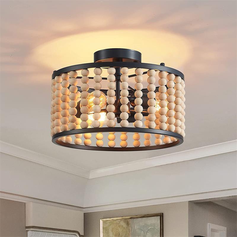 American country decorative art simple retro bedroom farmhouse home solid wood beads creative boho lamp ceiling chandelier