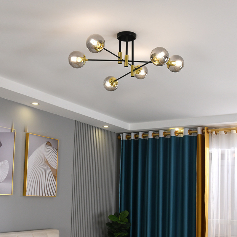 Modern smoky gray multi-headed bedroom ceiling lamp simple living room E27 glass ceiling light