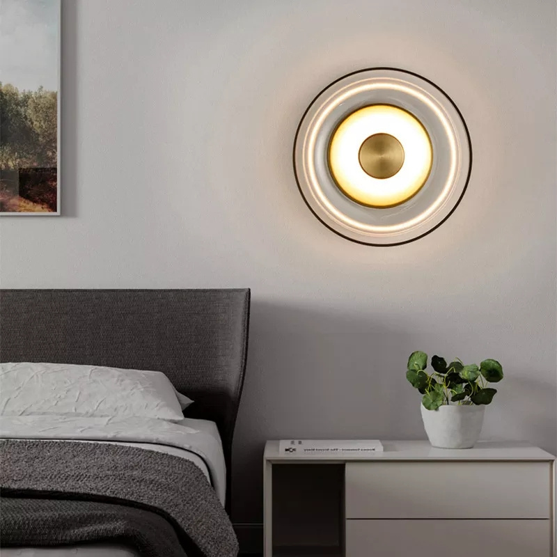 Nordic Light Luxury Round Disc Recessed Wall Lamp Bedroom Bedside Background Wall Glass Sconce Lamp Modern Creative Wall Light