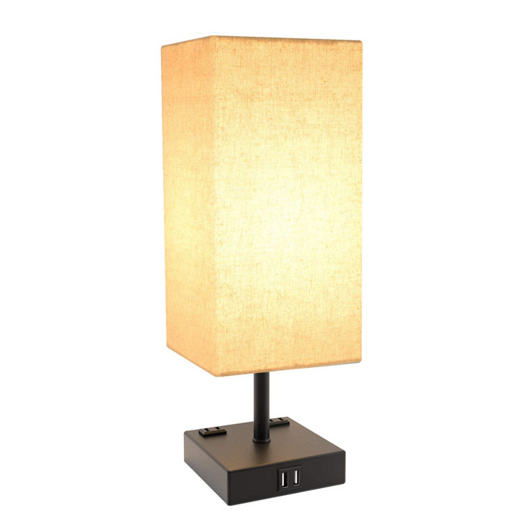 Smart modern fabric shade  USB charging port and outlet square metal base table beside lamp