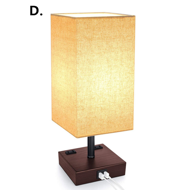 Smart modern fabric shade  USB charging port and outlet square metal base table beside lamp