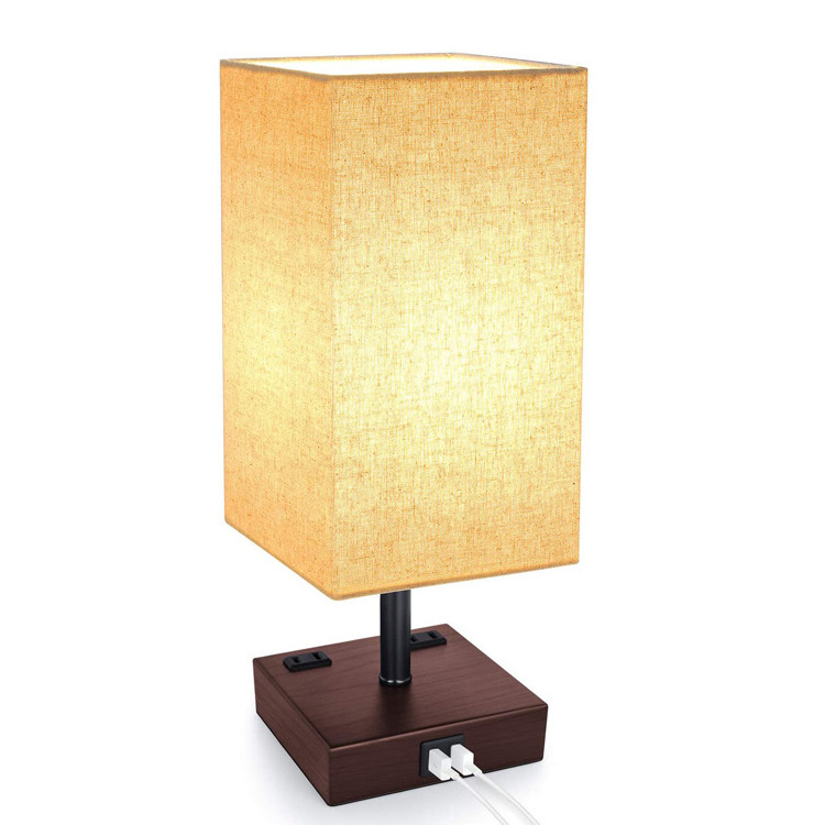 Smart modern fabric shade  USB charging port and outlet square metal base table beside lamp