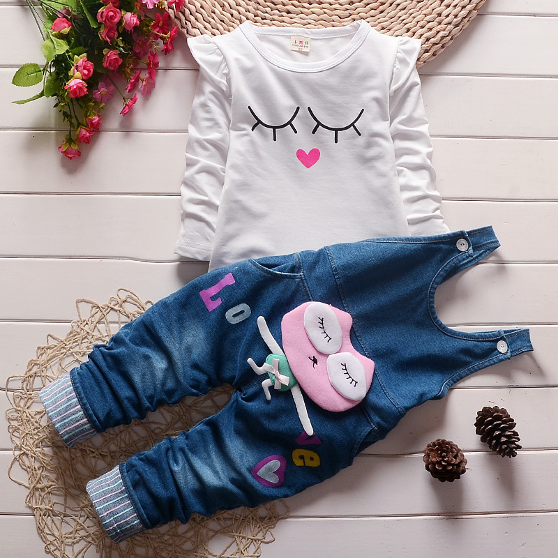 brand clothing children suits cartoon long sleeve+denim suspenders tutu korean children clothing hot selling kids clothes set