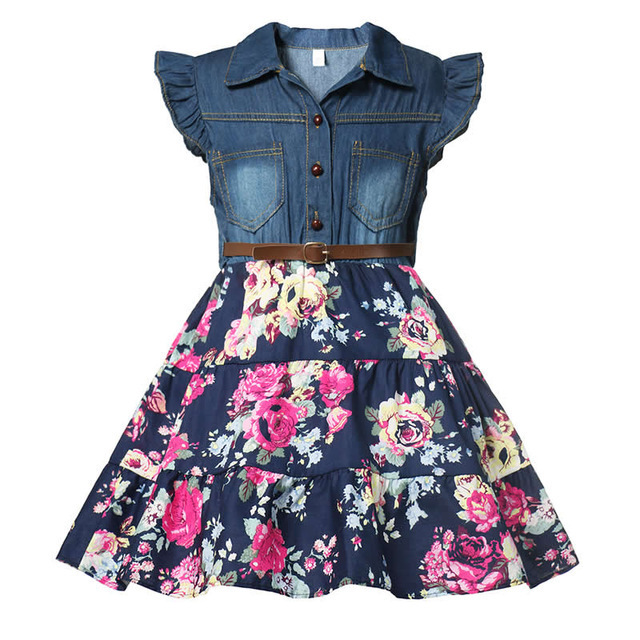 girls' denim dresses  Summer Party flower Dress with Belt Children Flying Short Sleeve  girls' dresses Girl Kids Fashion Outfit