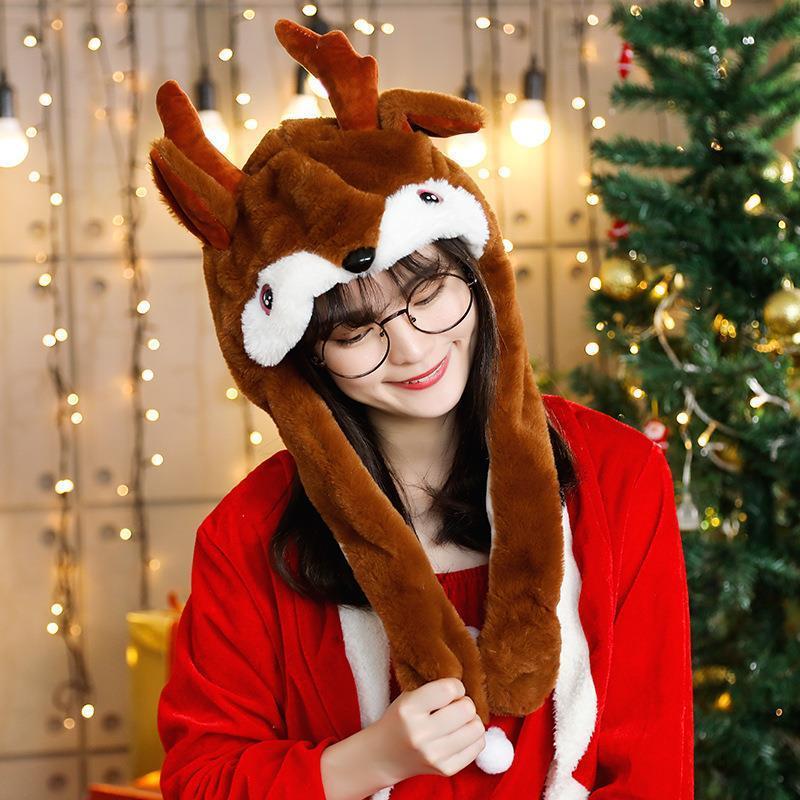 2023 Trend Cute Kids Animal Christmas Santa Shape Soft Plush Moving Jumping Dancing bunny rabbit hat with airbag