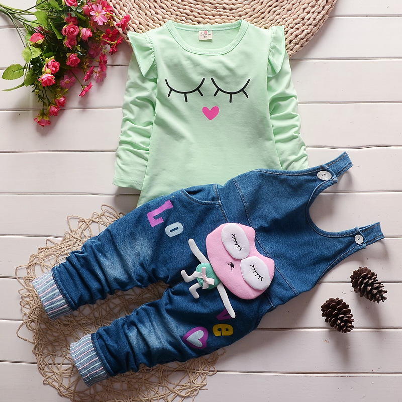 brand clothing children suits cartoon long sleeve+denim suspenders tutu korean children clothing hot selling kids clothes set