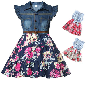 girls' denim dresses  Summer Party flower Dress with Belt Children Flying Short Sleeve  girls' dresses Girl Kids Fashion Outfit