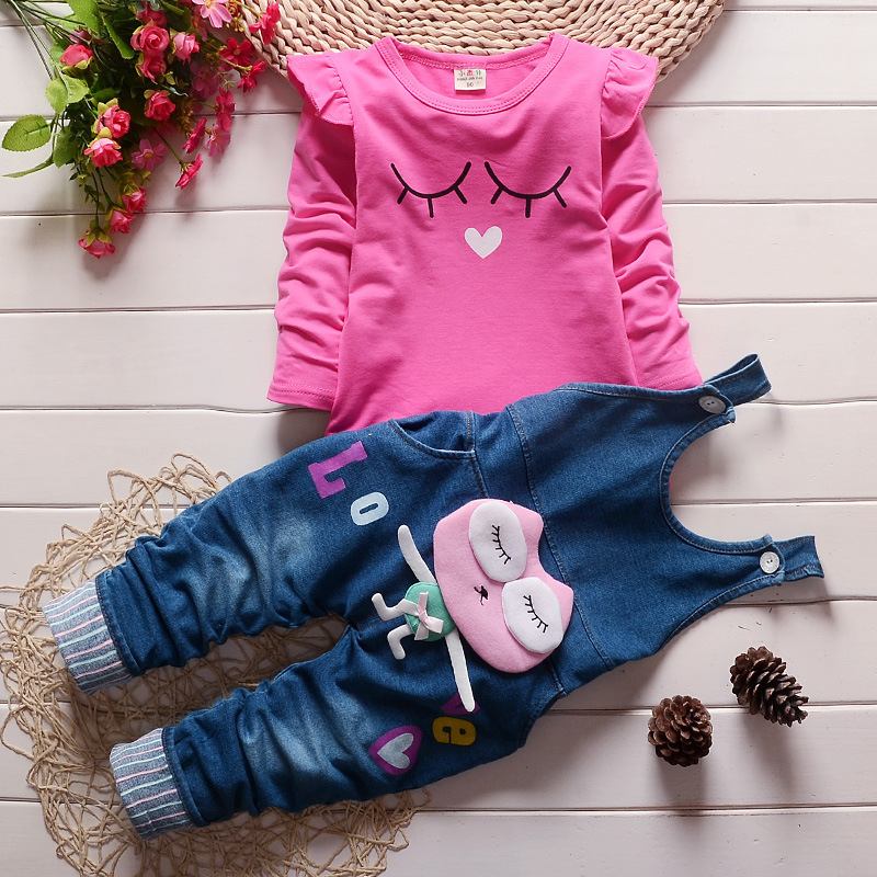 brand clothing children suits cartoon long sleeve+denim suspenders tutu korean children clothing hot selling kids clothes set