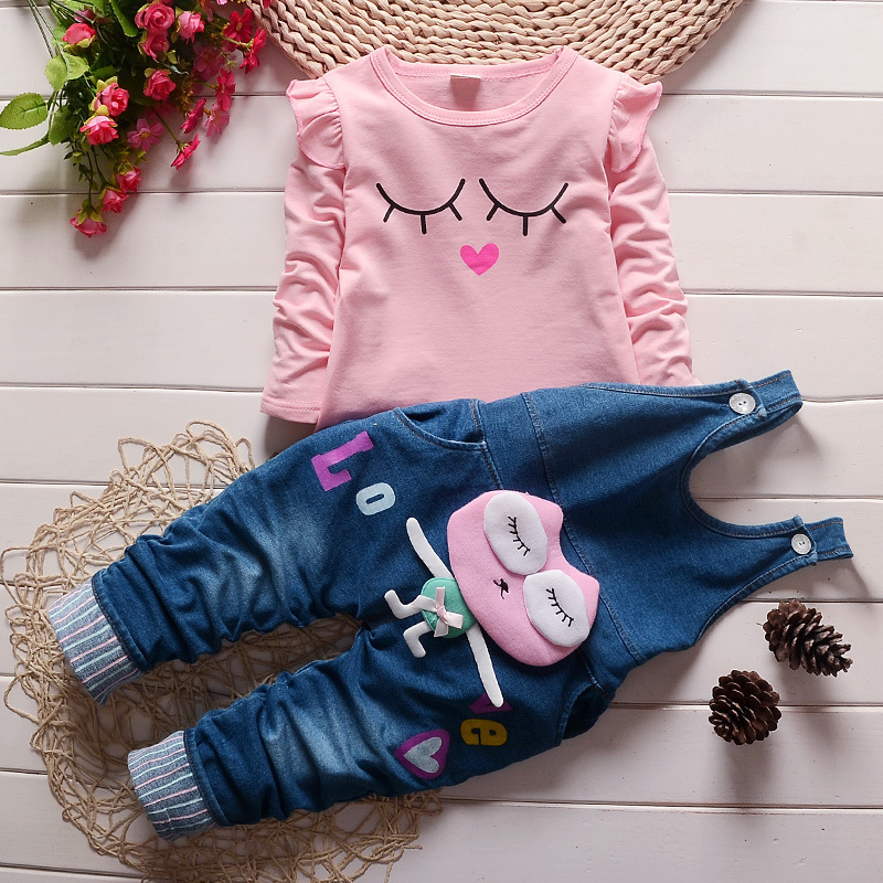 brand clothing children suits cartoon long sleeve+denim suspenders tutu korean children clothing hot selling kids clothes set