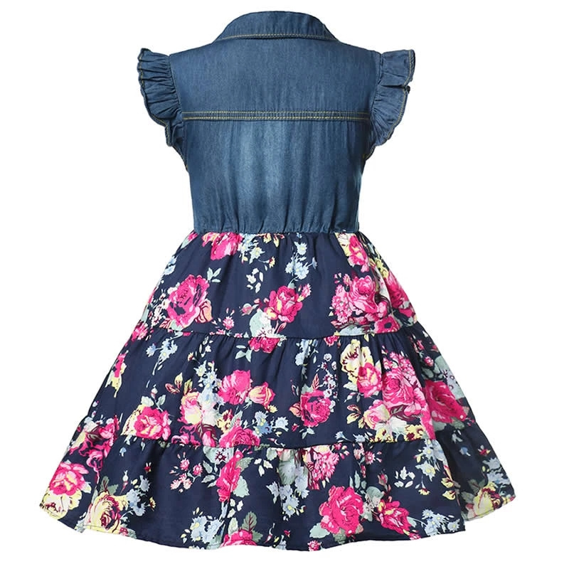 girls' denim dresses  Summer Party flower Dress with Belt Children Flying Short Sleeve  girls' dresses Girl Kids Fashion Outfit