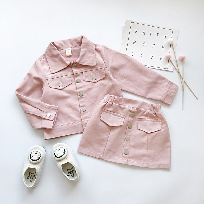 New arrival 2021 kids clothing sets girls turn over collar pink cute girl suit summer autumn button coat track suit girls