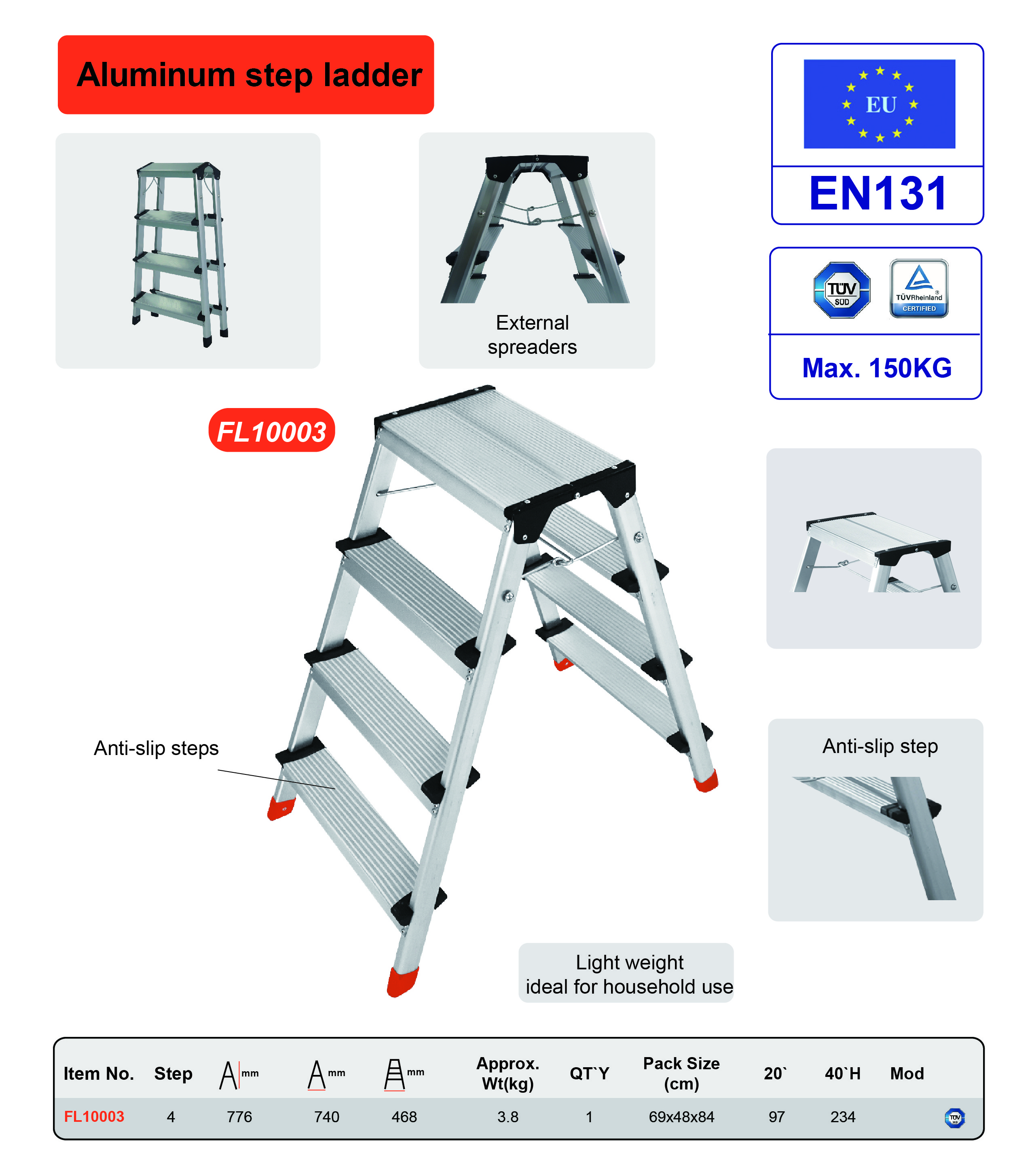 Double-side 4-Step comfortable  Aluminum Step Stool Ladder with Excellent Quality Compact Folding Step Ladder