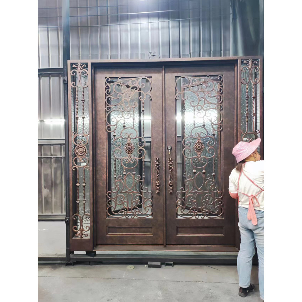 HUAART customized giant gold bronze punch wrought iron entry door design double doors exterior entry oversized entry doors