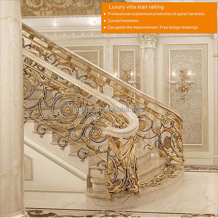 HUAART Interior Brass Color Metal Aluminum Staircase Railing Designs Modern Luxury Gold Plated Wrought Iron Stair Railings