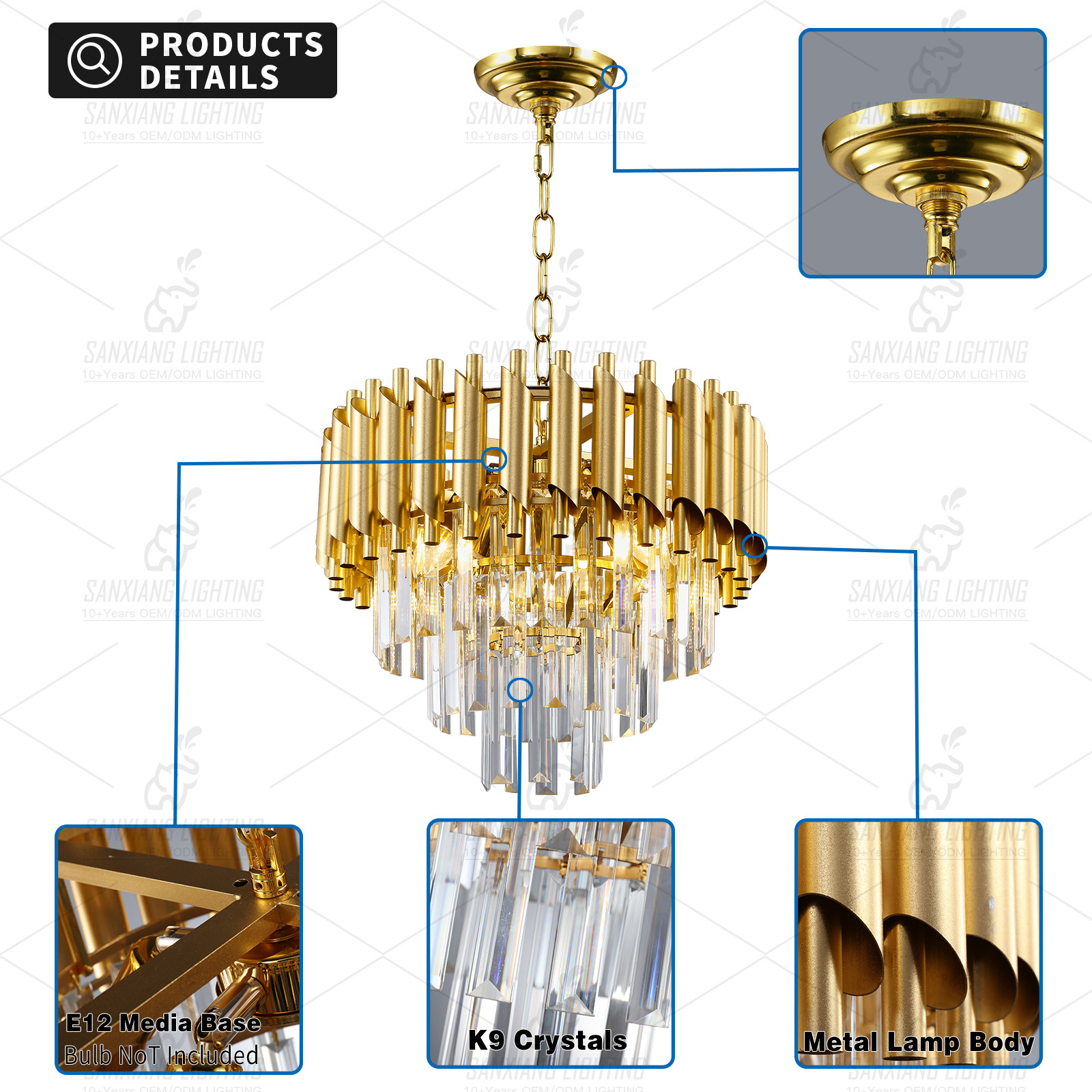 Metal Tube Luxury Crystal Chandelier Living Room Dining Room Farmhouse Chain Pendant Lights for sale