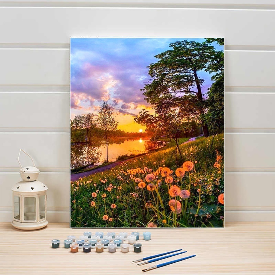 HUACAN Oil Painting By Number Landscape Dandelion Sunset Daisy Painting For Adults Fall Decorations Home Flower Drawing Wall Art