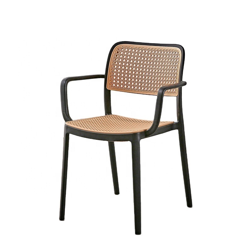 Mid-Century Molded Plastic Rattan Arm Chairs, PP Hollow Seat High Back Armrest Chair for Dining Restaurant Bistro Cafe Outdoor