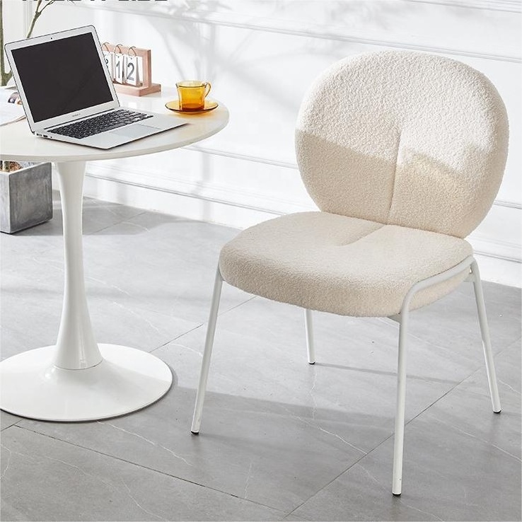 Boucle Fabric Accent Dining Chair, Sherpa Furry Casual Padded White Chair, Fuzzy Cozy Side Chair for Living Room Bedroom Study