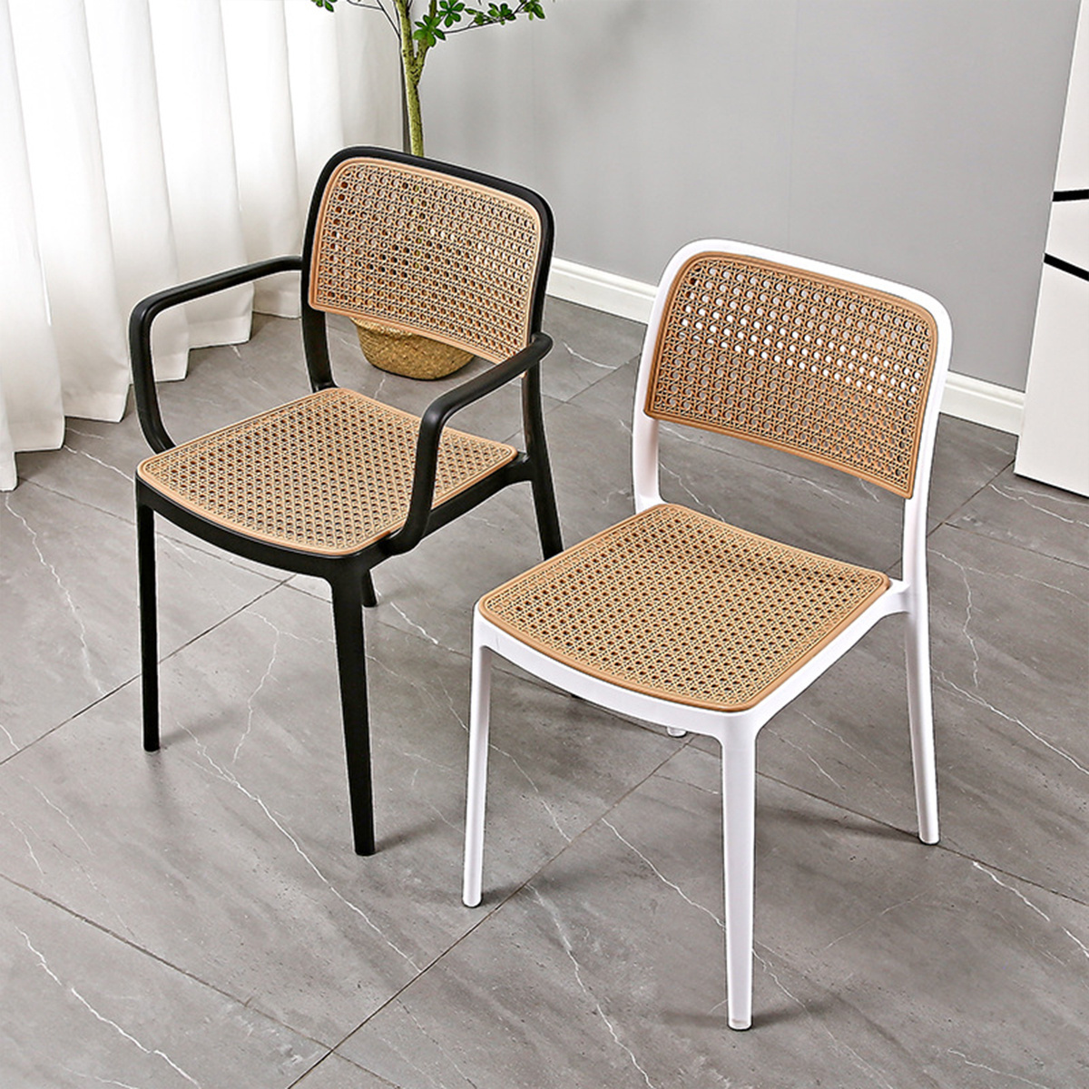 Mid-Century Molded Plastic Rattan Arm Chairs, PP Hollow Seat High Back Armrest Chair for Dining Restaurant Bistro Cafe Outdoor