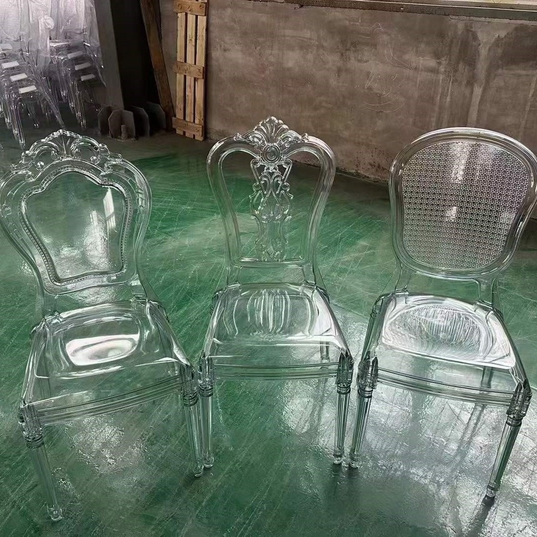 Full Molded Transparent Crown Back Banquet Chairs, Royal Princess Acrylic PC Court Side Chair for Event Hotel Wedding Dining