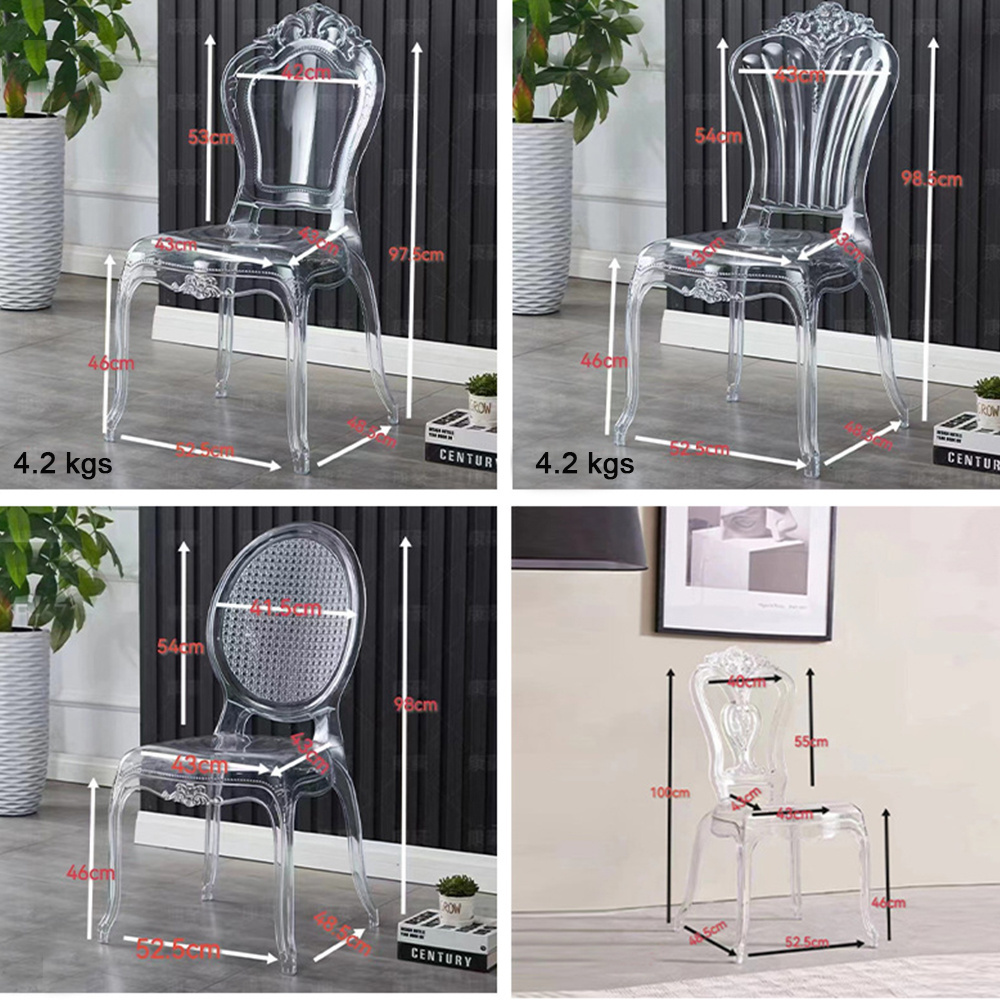 Wholesale Full Molded Armless Crown Royal Princess Chairs, Acrylic PC Court Transparent Side Chair for Event Hotel Wedding