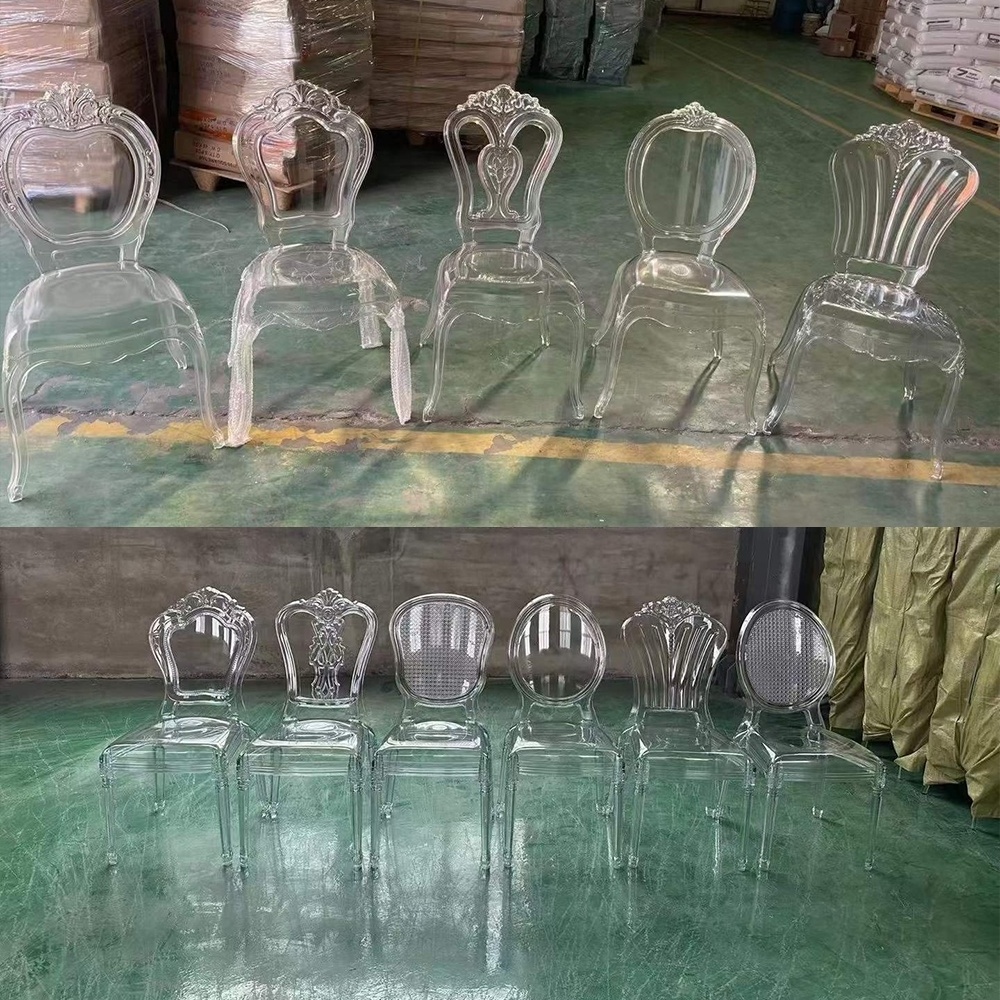 Full Molded Transparent Crown Back Banquet Chairs, Royal Princess Acrylic PC Court Side Chair for Event Hotel Wedding Dining