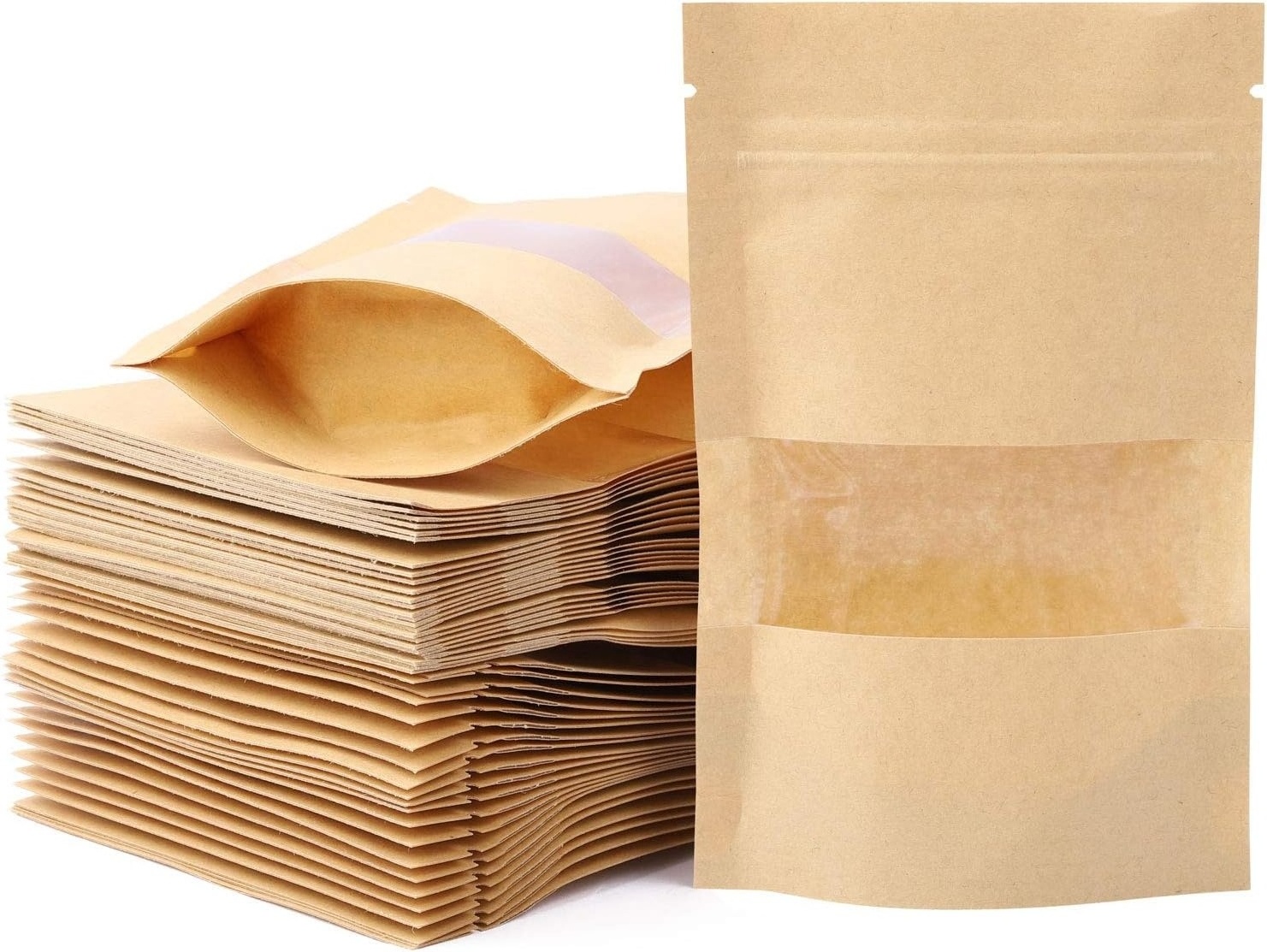 4x6 Inch Reusable Ziplock Stand Pouches Kraft Paper Food Storage Bags with Clear Window Resealable and Recyclable