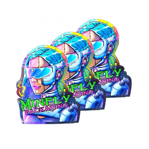 Customized Holographic Stand Pouch Food Packaging Bag Die Cut Mylar Plastic Zipper Lock 1g-28g Sizes Smell Proof Shape