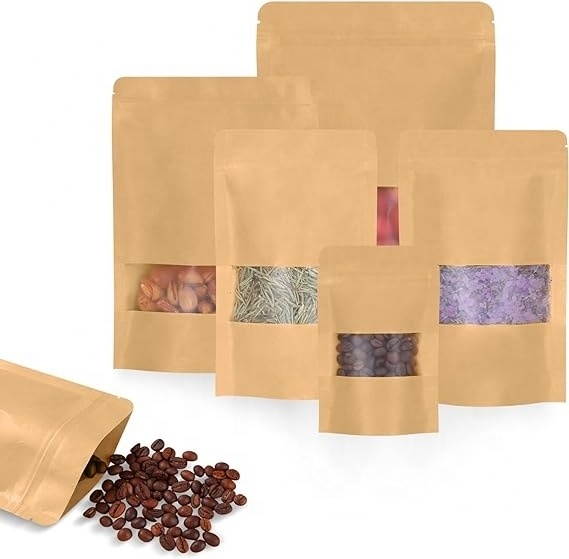 4x6 Inch Reusable Ziplock Stand Pouches Kraft Paper Food Storage Bags with Clear Window Resealable and Recyclable